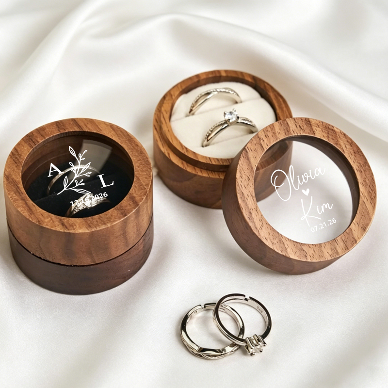 Wood Ring Blank - Kişiselleştirilmiş Alyans Kutusu Yuvarlak Ahşap Çift